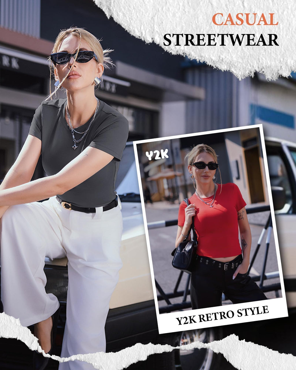 GAYHAY 3 Pack Basic Tees for Women - Crew Neck Slim Fit Tight T Shirts Cute Y2K Trendy Crop Tops Clothes for Casual Summer 2025 Black White Brown