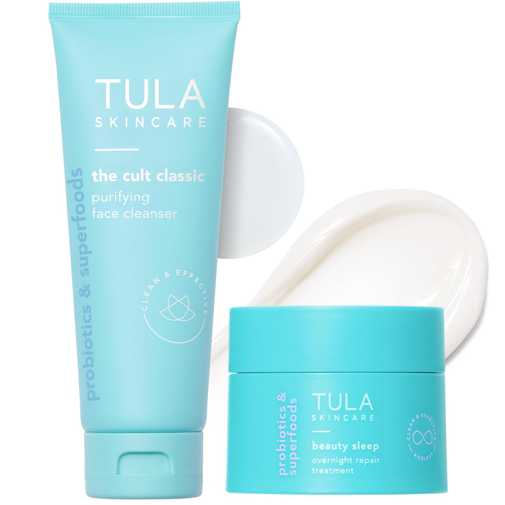 TULA Skin Care Nighttime Duo - Cleansing & Hydrating Travel Size, includes The Cult Classic Purifying Face Cleanser & Mini Beauty Sleep Overnight Repair Treatment, 2-Piece Kit