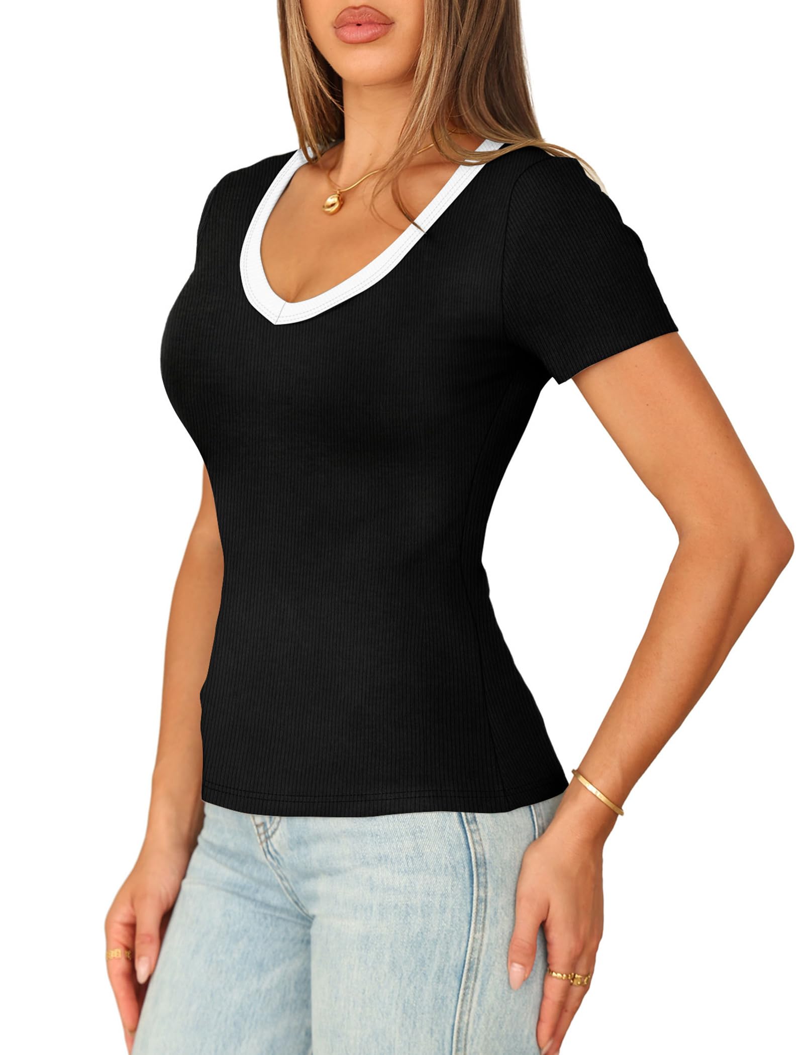 Sampeel Tshirts Shirts for Women V Neck Blck T Shirts Trendy Basic Tees 2026 Compression Shirts Fashion Clothing Spring Tops Business Casual L