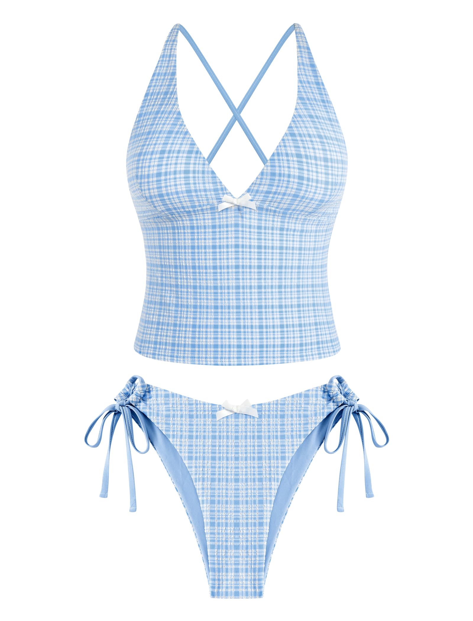ZAFUL Women's Tankini Set V Neck Tummy Control Floral Printed Tie Side Thong Bikini Swimsuits 2 Piece Bathing Suits