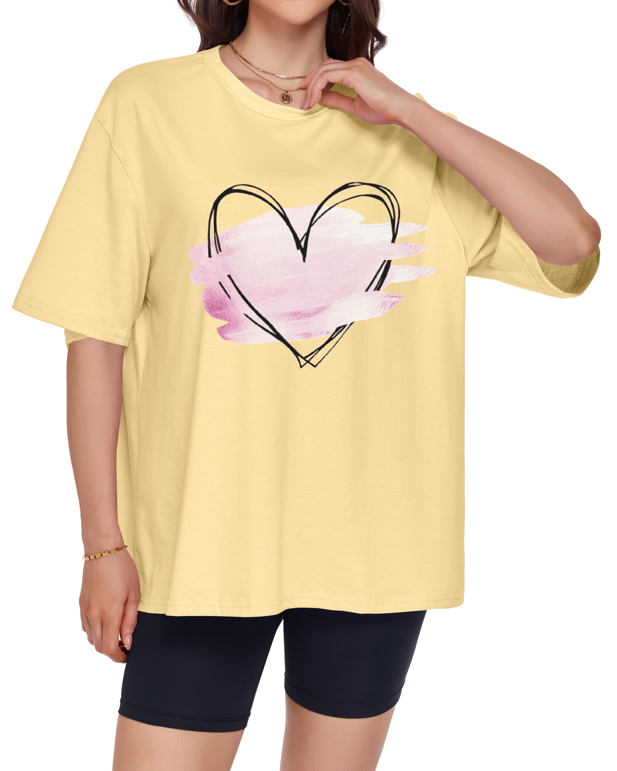 ADOREJOY Oversized Tshirts for Women Crewneck Summer Graphic Tees Short Sleeve Loose Basic Tops, Khaki Pink Heart, L