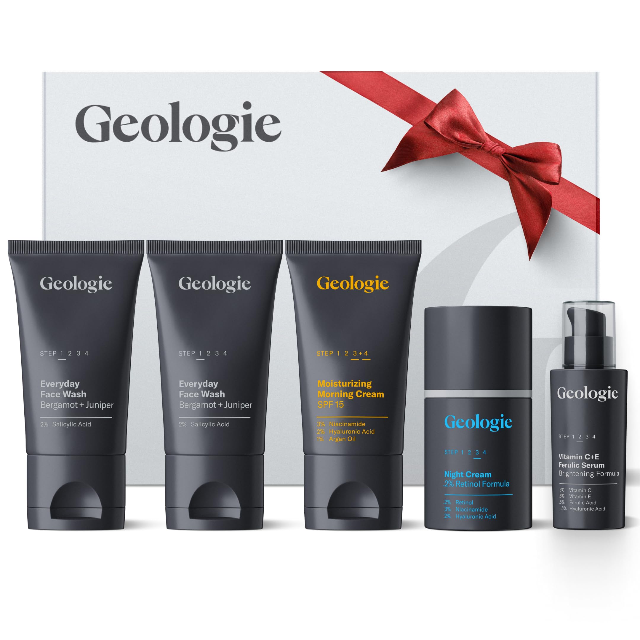 Geologie Skincare Gift Set | 5-Piece Kit Includes 2 Face Washes, SPF15 Moisturizer, Retinol Cream & Vitamin C Serum | Daily Routine for Clear, Healthy Skin for Men and Women | Lasts 3 Months