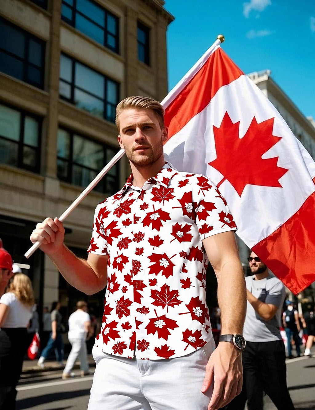 Fashonal Men's Canada Day Shirt Short Sleeve Hawaiian Maple Leaf Print Summer Shirt, White-RedMaple Size L