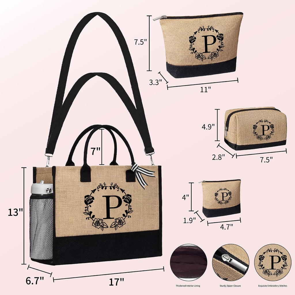 Initial Tote Bag & 3 Makeup Bags, Personalized Mothers Day Gifts for Women, Beach Tote Bag for women w/Zipper, Birthday Gifts for Women Mom Her Girlfriend Wife Sister Friend Daughter(S 4Pcs)