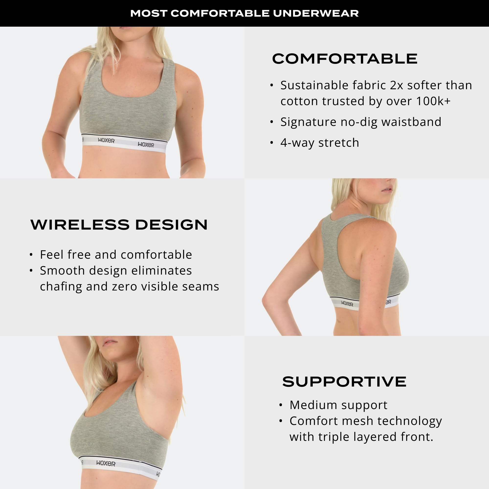 Woxer Boss Bralette for Women – Wireless, Seamless, Comfortable Racerback – Soft Modal Workout & Sports Bra, Lounge, Yoga & Sleep Bralette, Everyday Wireless Bra, Heather Grey 2XL