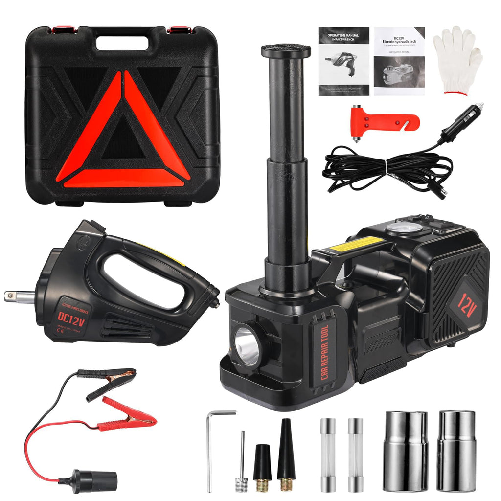 Electric Car Jack kit 5 Ton 12V Electric Floor Jack Lift for Vehicle, Electric Hydraulic Jack Auto Repair Tool Set with Built-in Inflator and Impact Wrench for SUV Sedan Truck Tire Change