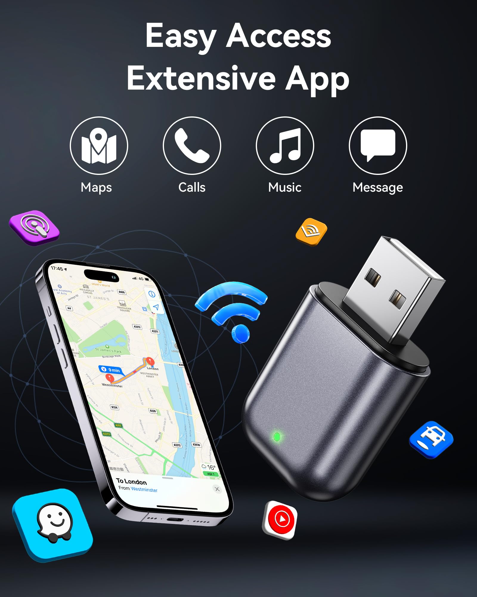 Burnt Sugar Wireless Carplay Adapter for iPhone 2025 Upgrade, Ultra-Mini USB Design for Apple Car Play Dongle Convert Wired to Wireless, Stable Connect Plug & Play for iOS 10+ & Cars from 2016+ (Gray)