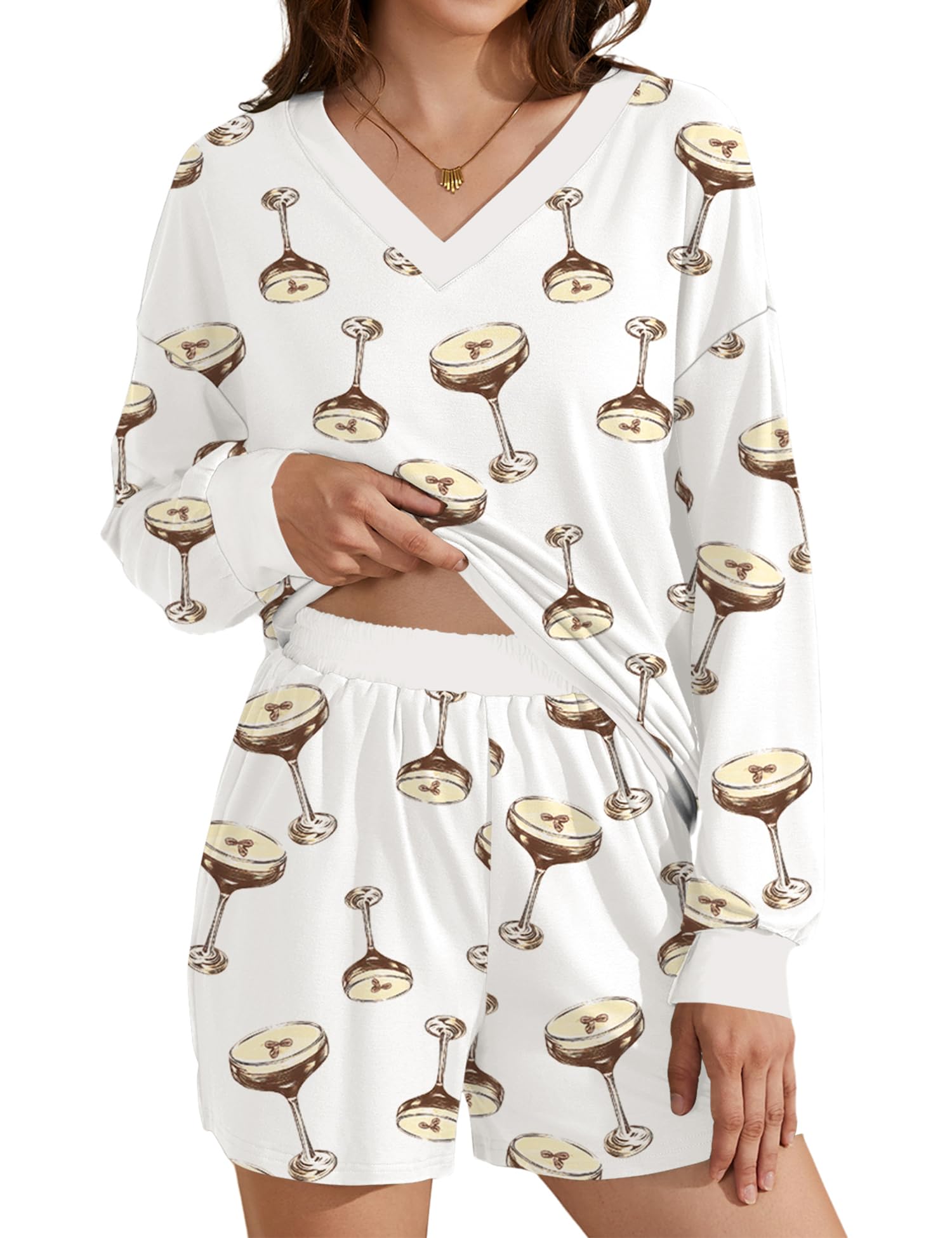 AKEWEI 2 Piece Loungewear for Womens V Neck Long Sleeve Top and Shorts with Pockets Sets Comfy Lounge Pajamas