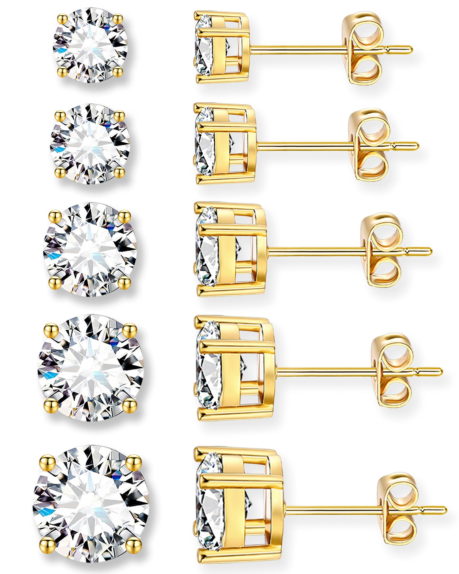 5 Pairs 14K Gold Plated Stud Earrings for Women, Hypoallergenic Earring Sets for Multiple Piercing, Premium Cubic Zirconia Studs Earrings for Women