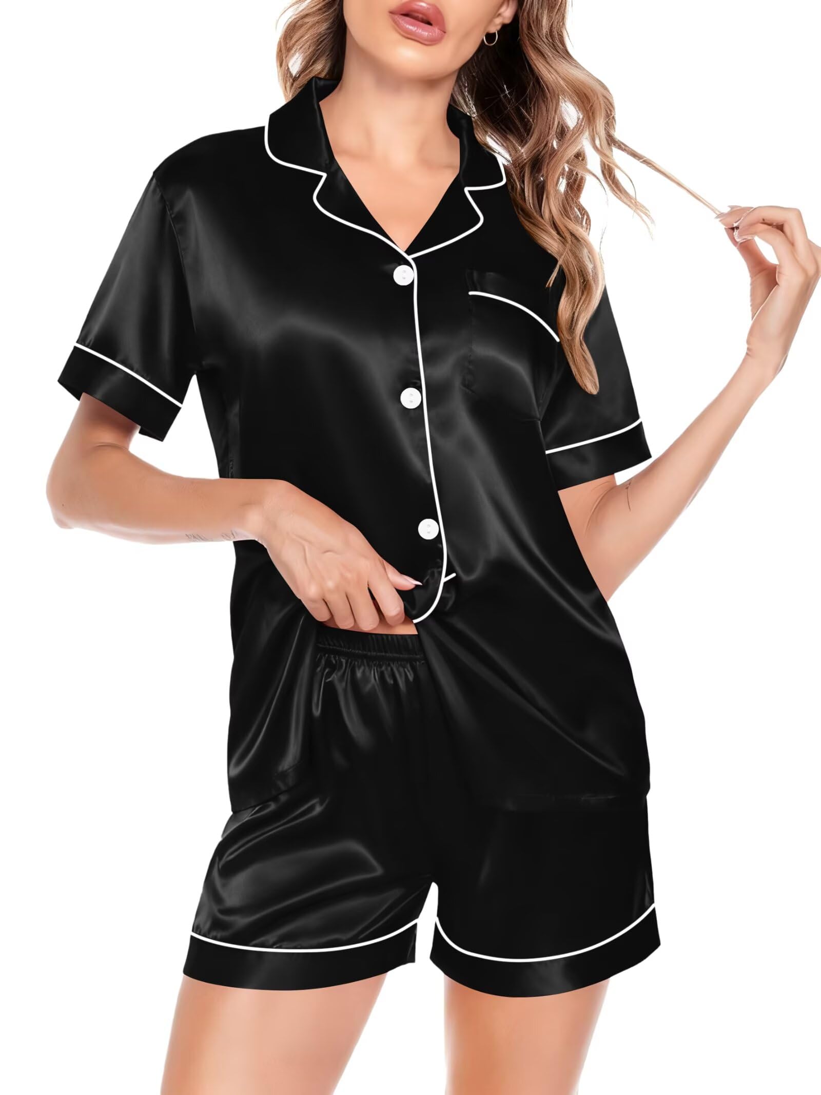 SWOMOG Satin Matching Pajamas Sets Couple Silk Button Down Nightwear Women & Men Short Sleeve Sleepwear 2 Pieces Loungewear Black
