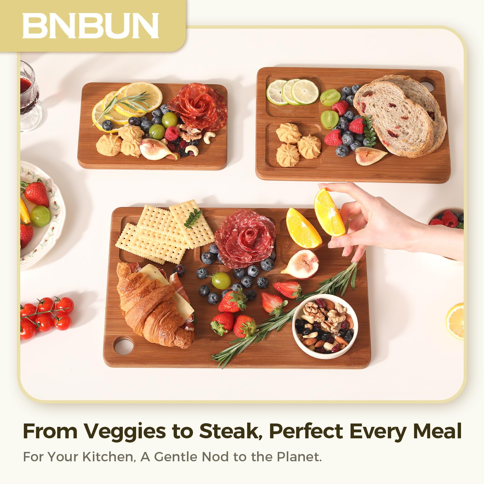 Bamboo Cutting Board for Kitchen – 3-Piece Wooden Boards with Juice Grooves, Side Handles, Non-Slip Mats – Perfect for Meat, Veggies Fruit,Cutting Board & Knife Sets – Ideal Kitchen Gift