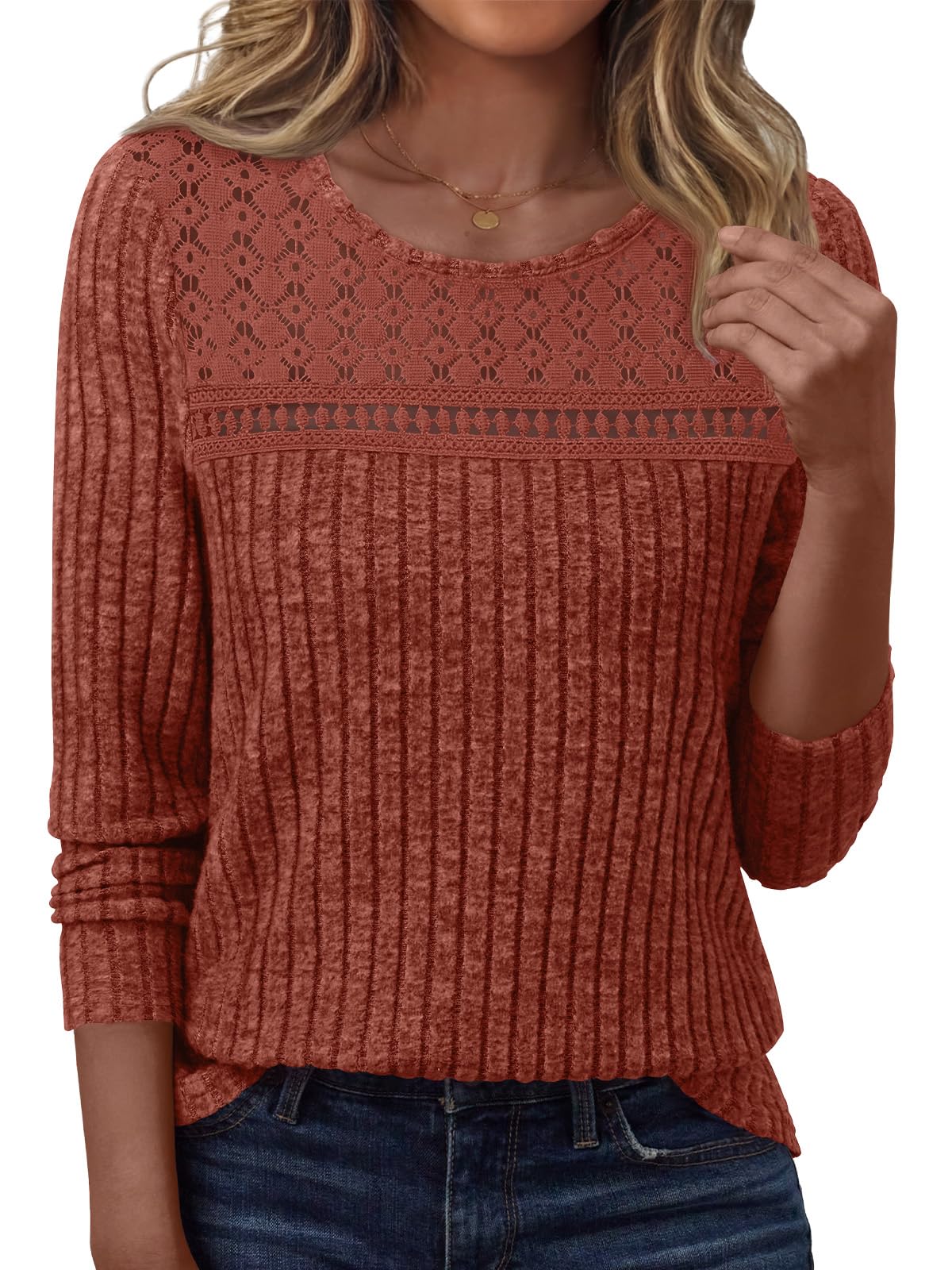 LILLUSORY Womens Lace Long sleeve Sweaters Shirts Dressy Business Casual Trendy Fall Tops Caramel M