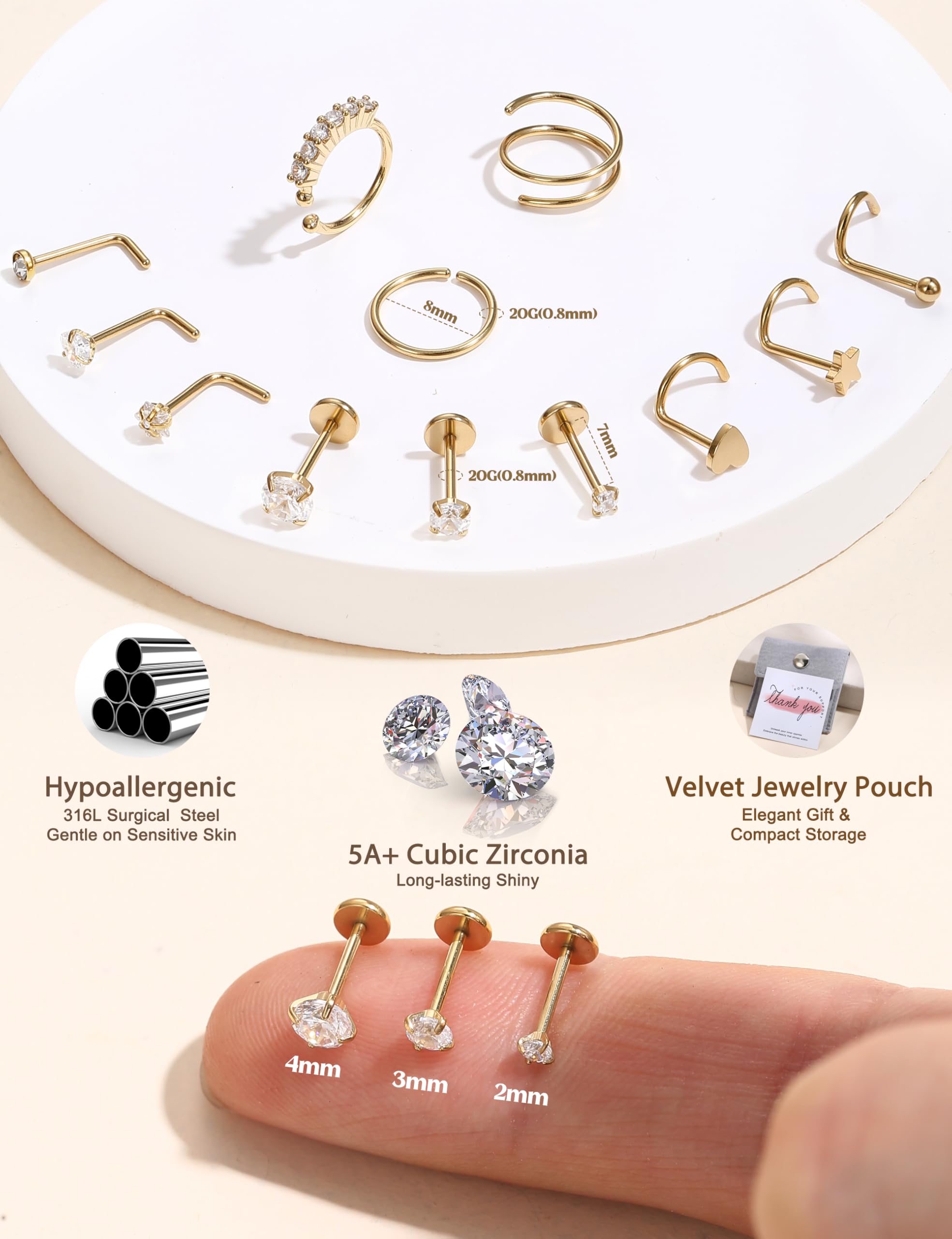 JeryWe Nose Rings for Women - 14K Gold Filled Hypoallergenic Surgical Steel Nose Ring Hoops CZ Lip Ring Screw L Shaped Studs Threadless Flat Back Stud Nose Piercings Jewelry for Women Men CZ