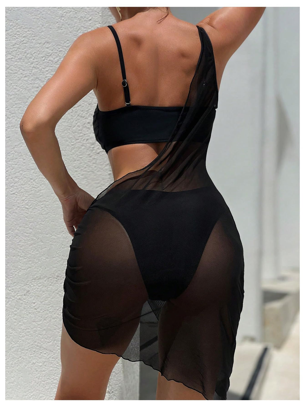 WDIRARA Women's 3 Piece Swimsuit Ring Linked Bikini Set with Sheer Cover Up Dress Black Small