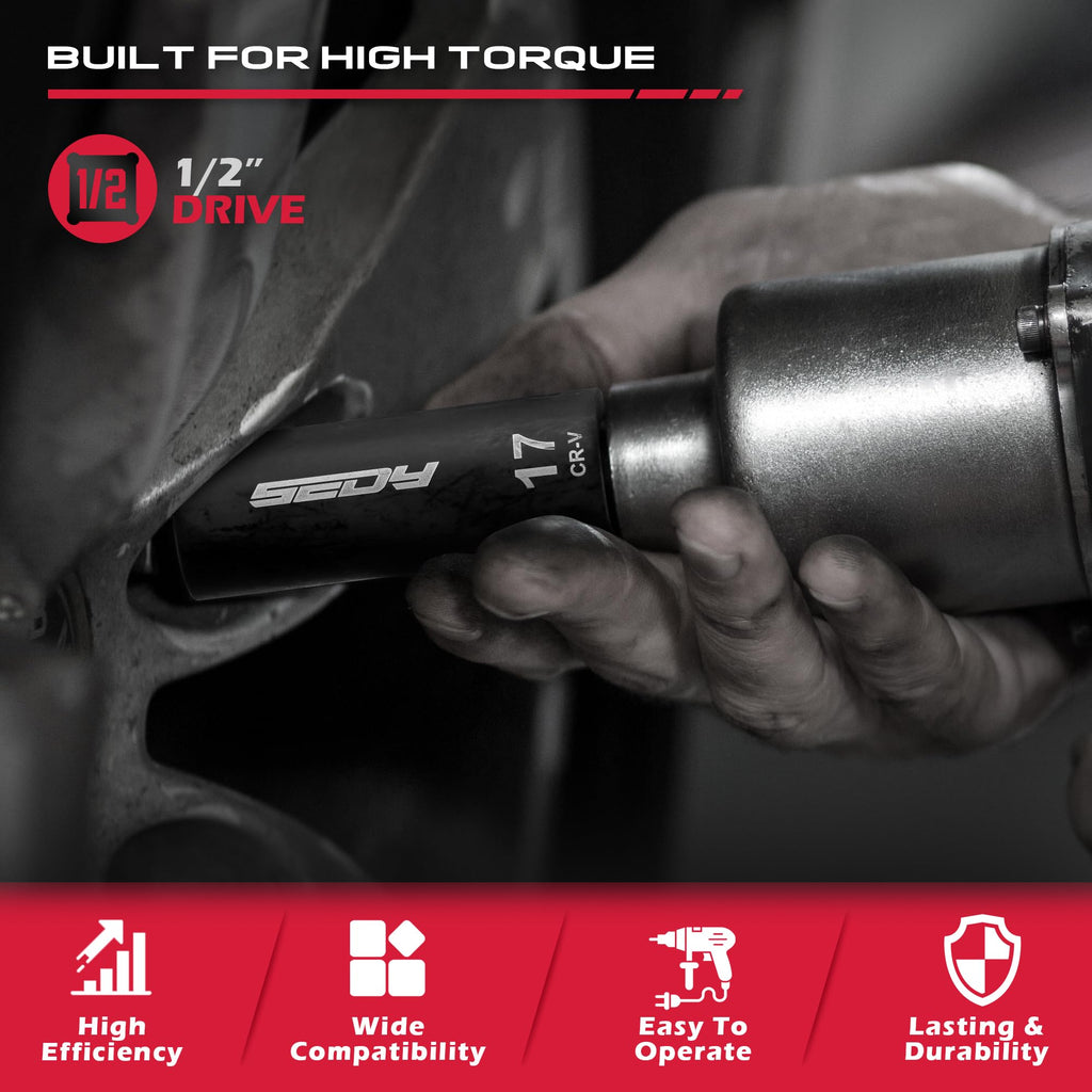 29-Piece 1/2" Drive Impact Socket Set, SAE (3/8 to 1 inch) and Metric (10-24mm) Sizes with Extension Bars Standard Deep Socket Set CR-V Material High Durability Impact Wrench