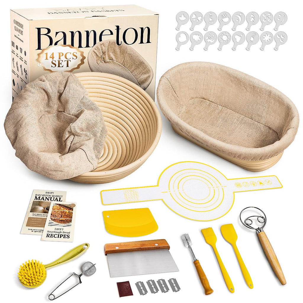 BAVIFY Sourdough Starter Kit, 9" Round & 10" Oval Banneton Bread Proofing Baskets Set, Sourdough Bread Baking Supplies Making Tools with Dough Scraper, Whisk, Bread Lame, Silicone Sling, Recipe