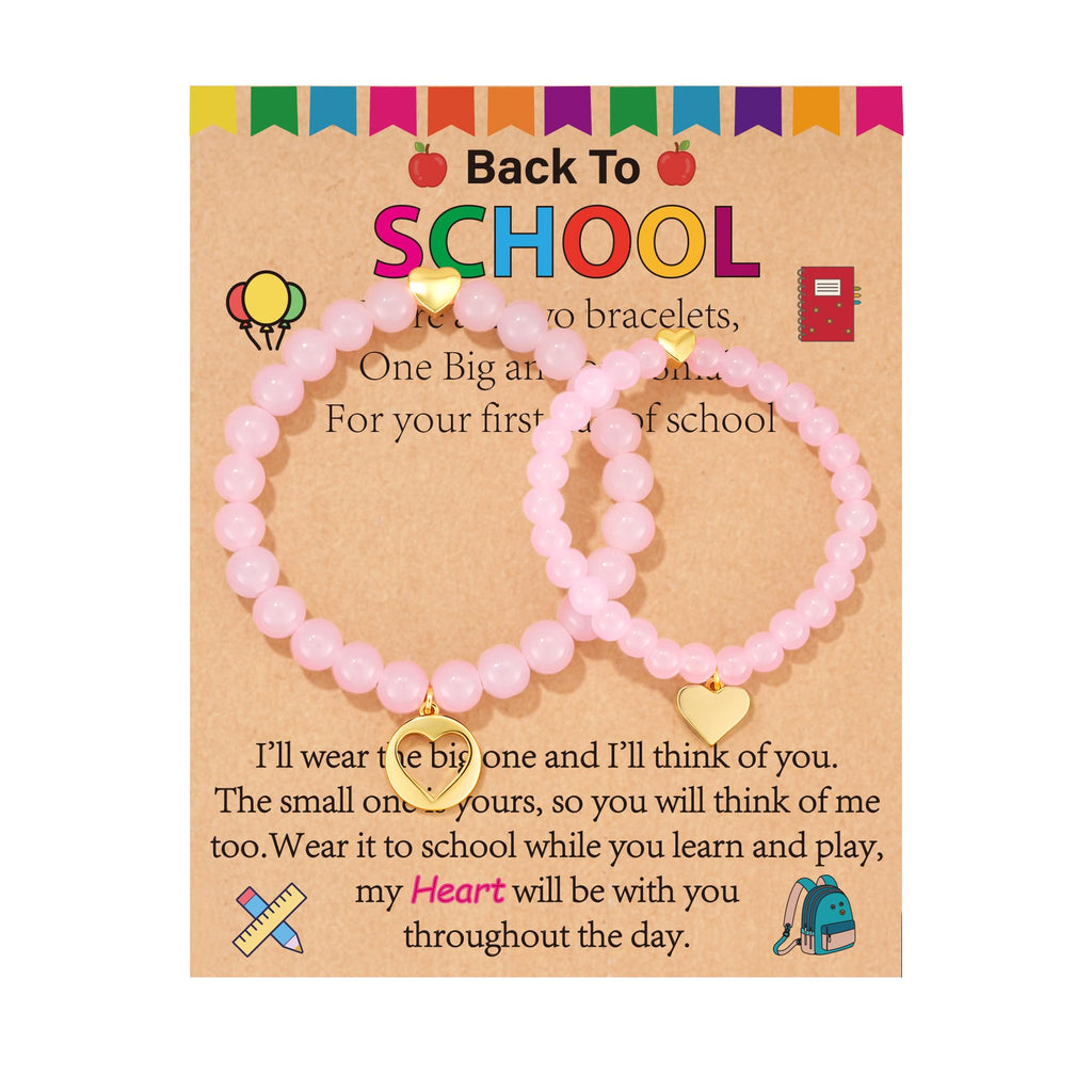 Gnamy Back to School Bracelets Gifts, Heart Matching Mommy and Me Bracelets Set First Day of School Jewelry Gifts for Mom Daughter Decorations Supplies Essentials Pink