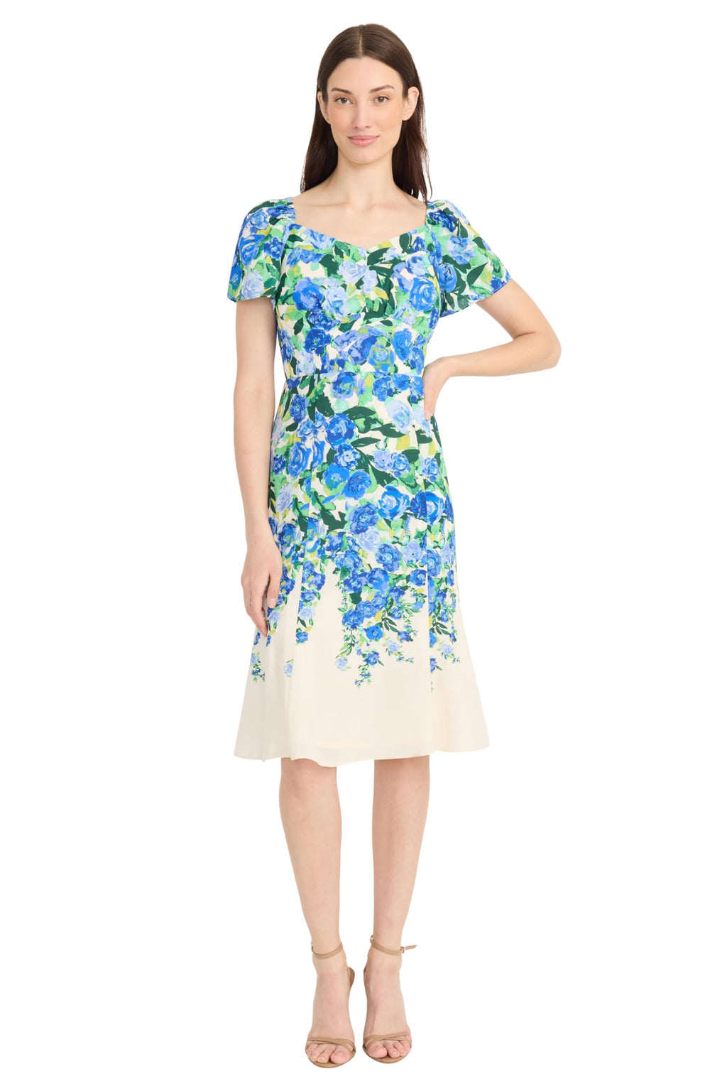 Maggy London Women's Dresses Sweetheart Neckline Floral Dress | Pretty Garden Dresses | Wedding Guest Dresses for Women, Cream/Blue Bonnet, 0