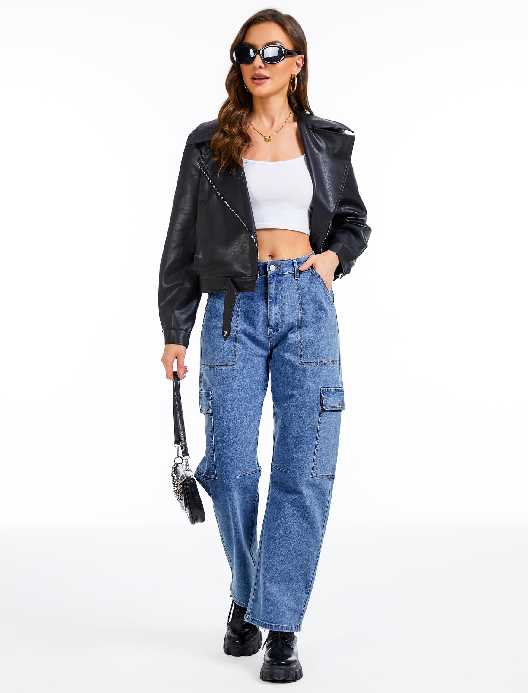 Eddoyee Barrel Jeans Women Cargo Ankle Pants Casual Wide Leg Baggy Denim Pants High Waist Trousers Stretchy with 6 Pockets(Blue Jeans, Large)