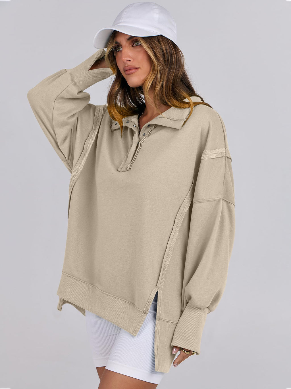 ANRABESS Sweatshirt for Women Oversized Henley Fall Outfits Apricot