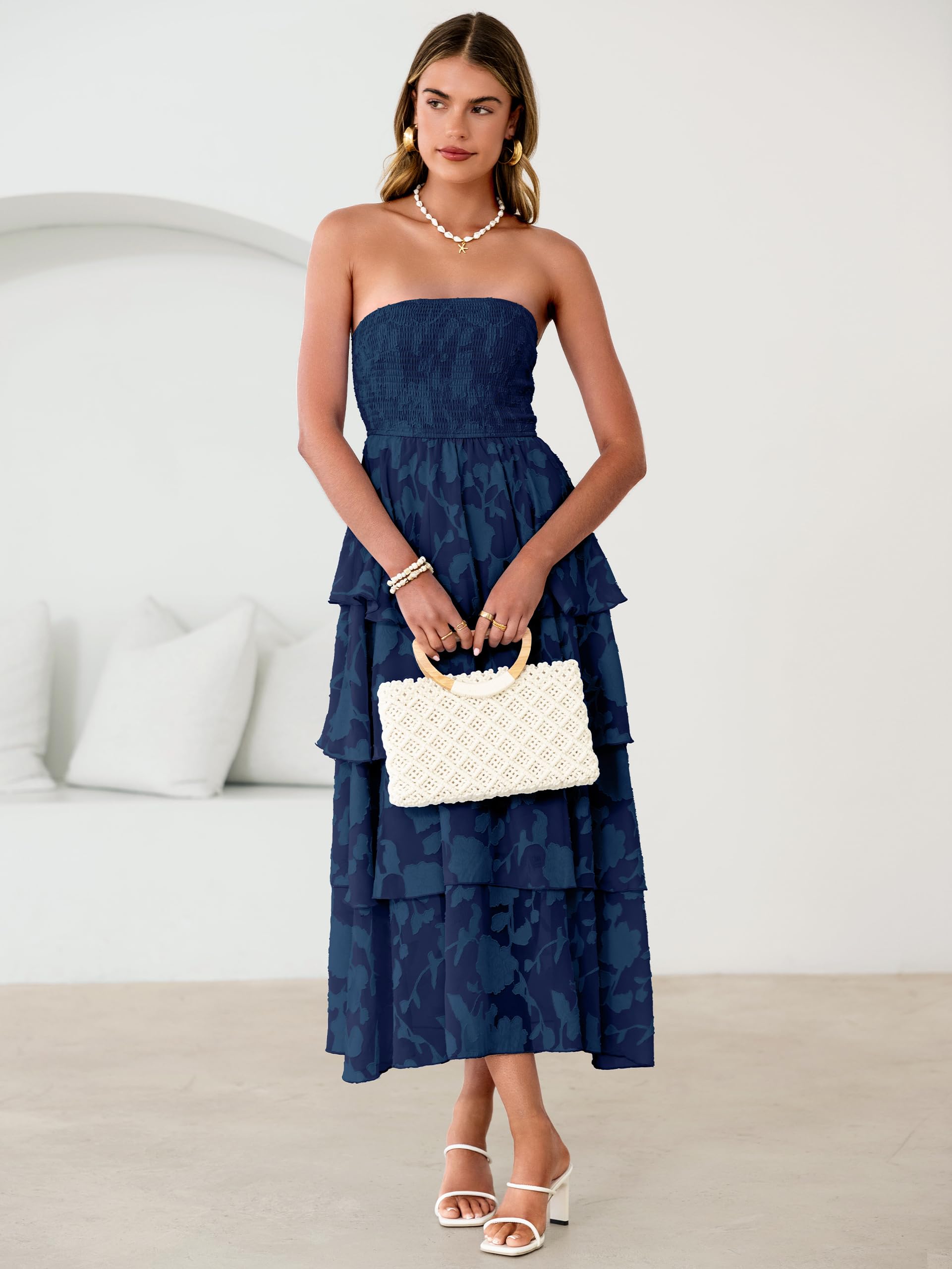 Simplee Womens Summer Strapless Maxi Dress 2026 Off The Shoulder Casual Cute Floral Boho Smocked Tube Dresses Vacation Long Sundress(Navy S)