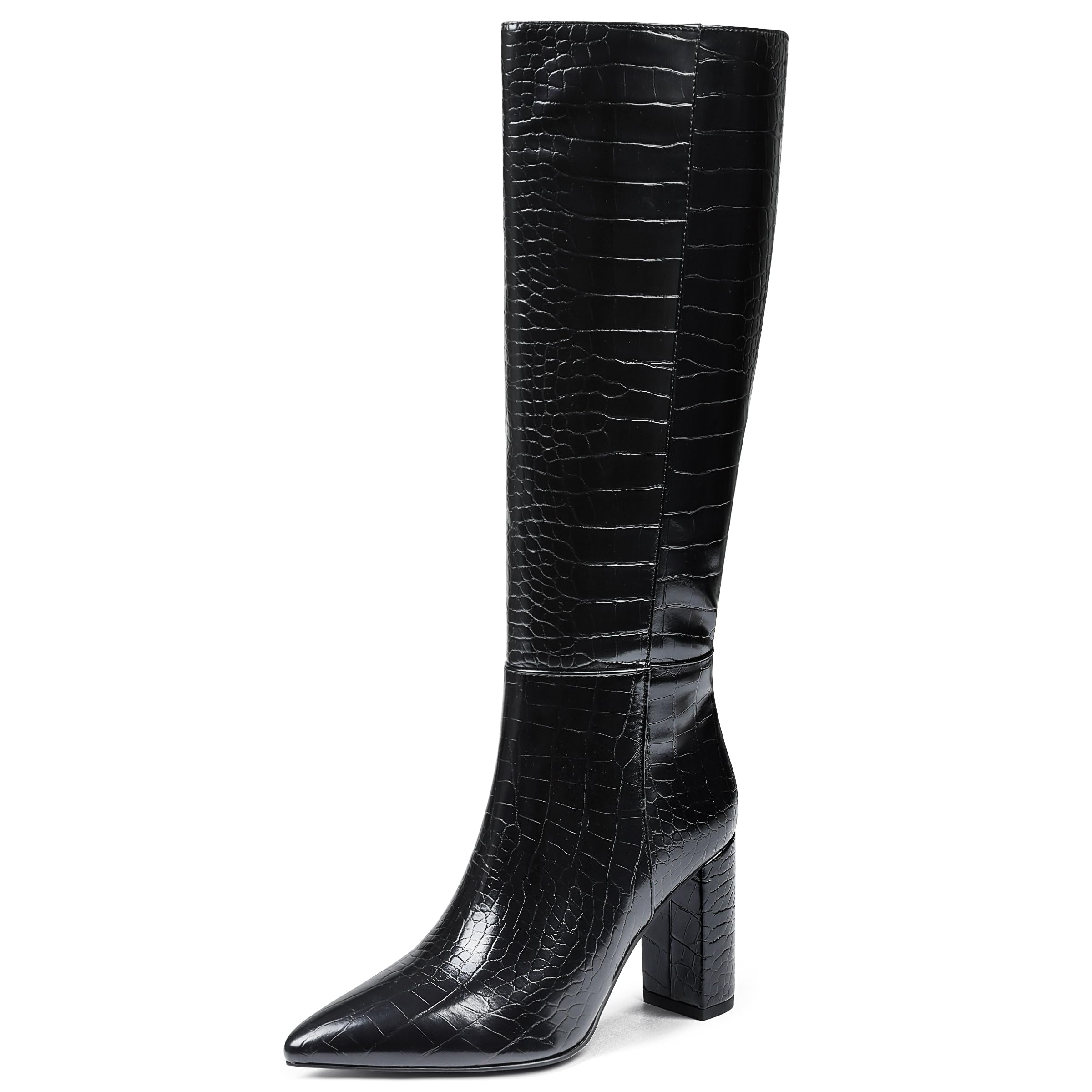 AOSPHIRAYLIAN Knee High Boots - Women's Tall Calf Boots with Snake Faux Crocodile Dress Style, Side Zipper - Black, Size 6