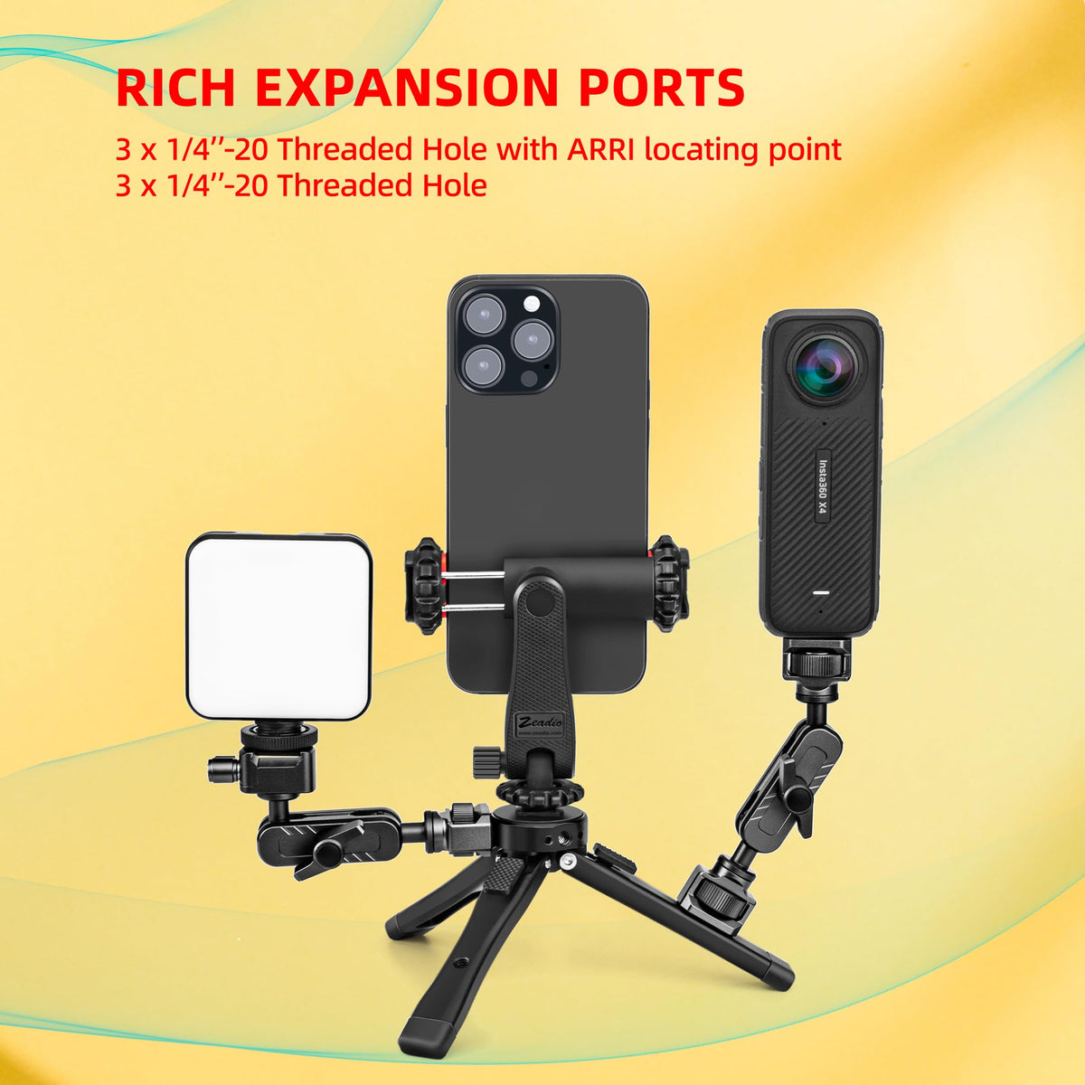 Zeadio Heavy Duty Camera Tripod, 88lbs/40kg Load All-Metal Tabletop Stand with Adjustable Height & ARRI 1/4" Threaded Holes, Universal Tripod Base for Gimbal, Monopod, DSLR Camera, Vlogging & Filming