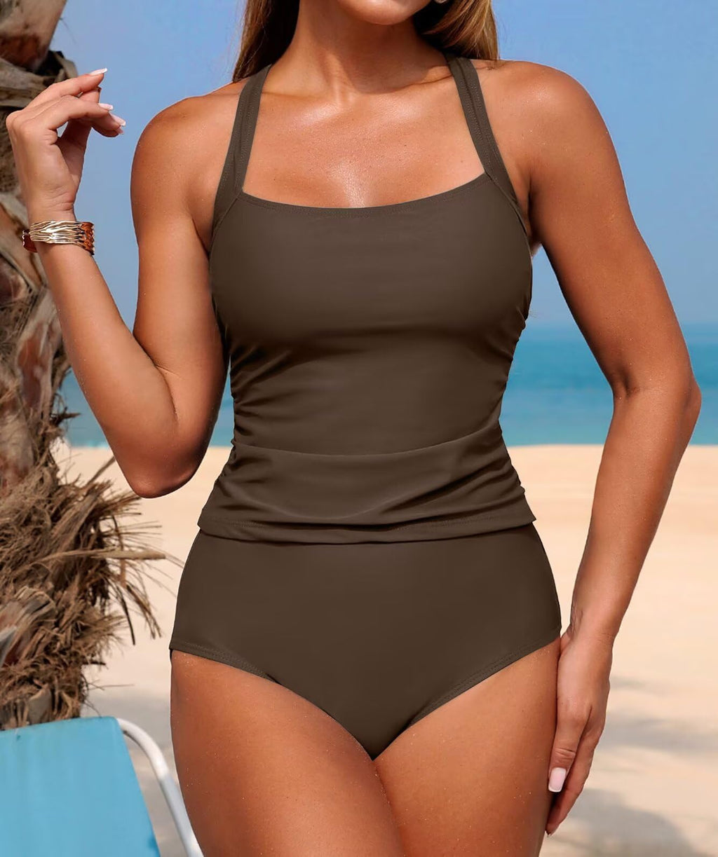 ZAFUL Swim Suit for Women 2026 Two Piece Swimsuit Womens Tankini Bathing Suits Tummy Control High Waist Swimwear for Women Brown S