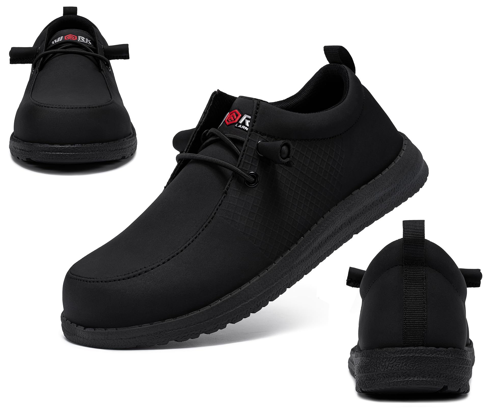 LARNMERN Slip On Steel Toe Shoes Men Lightweight Comfortable Lounging Walking Sneakers Safety Work Steel Toe Loafers (12 Men, Black Leather)