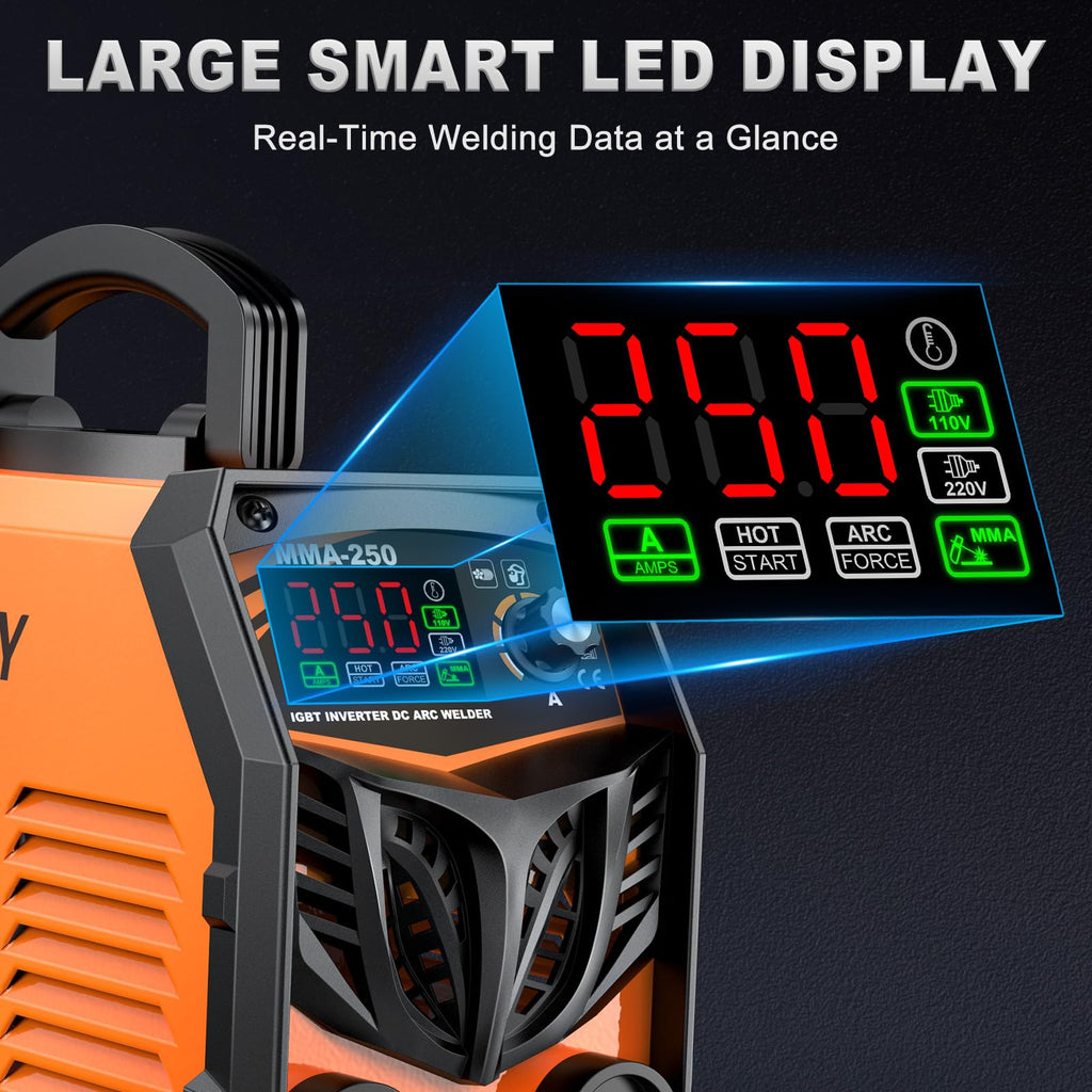 SOARFLY Stick Welder, 250Amp ARC Welding Machine with Large LED Display, Dual Voltage 110V/220V IGBT Inverter Portable Welder w/10 Rods, Ground Clamp, Electrode Clamp, Hot Start, Arc Force, Anti-Stick