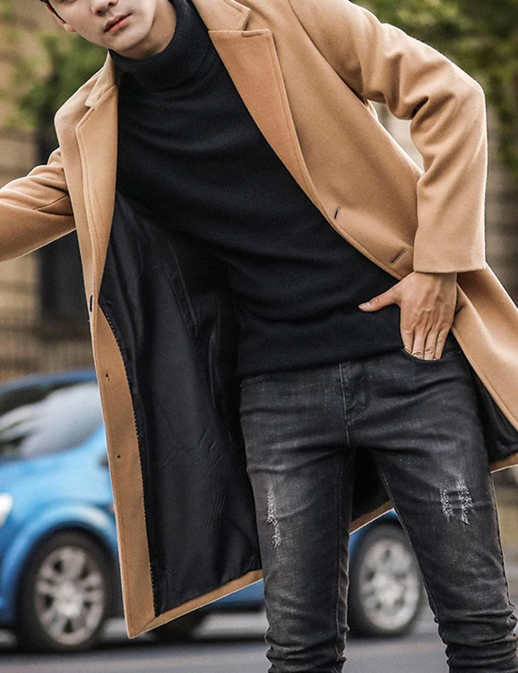 Springrain Men's Wool Blend Pea Coat Notched Collar Single Breasted Overcoat Warm Winter Trench Coat(Khaki-S)
