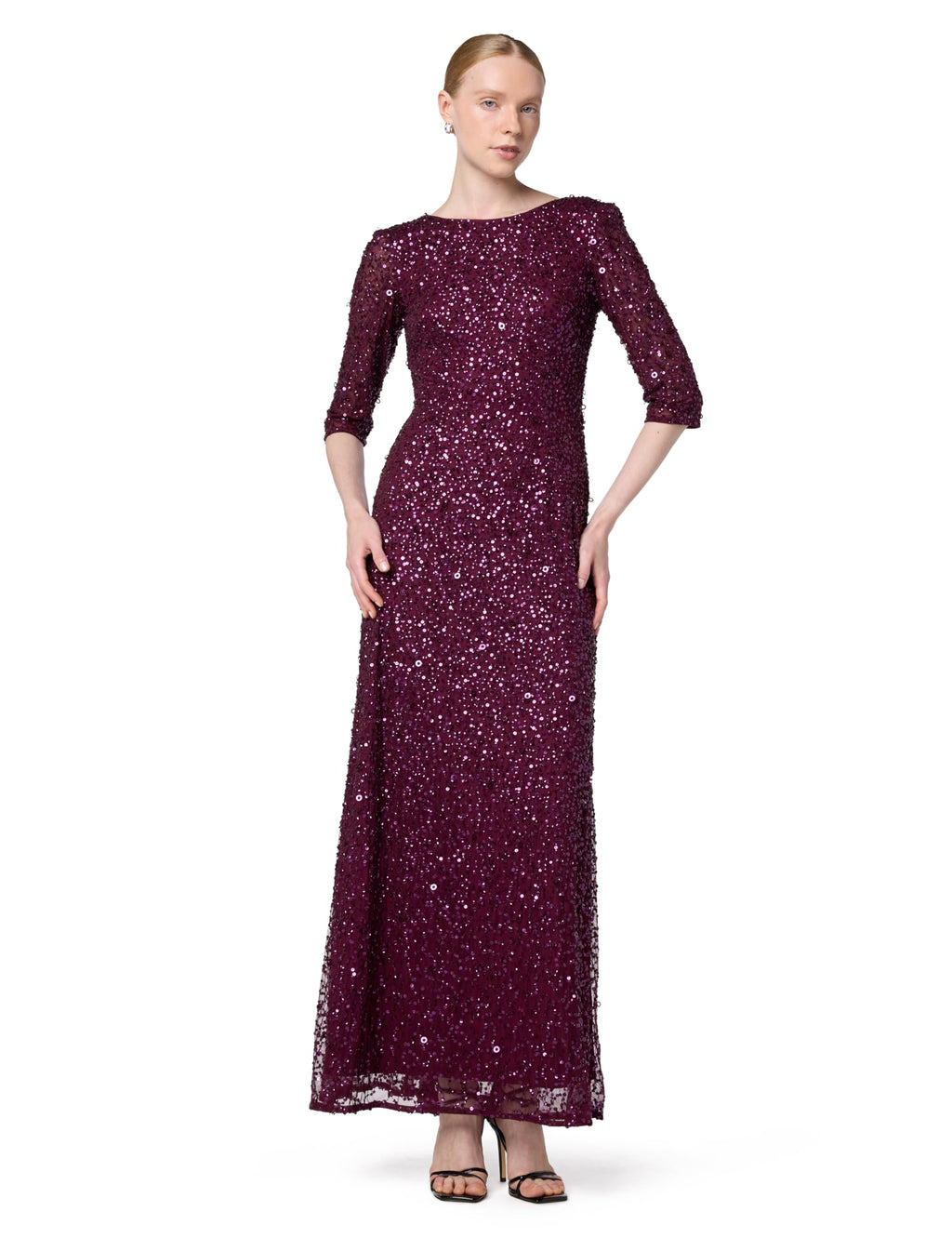 Adrianna Papell Women's 3/4 Sleeve Beaded Mermaid Gown, Cabernet, 2
