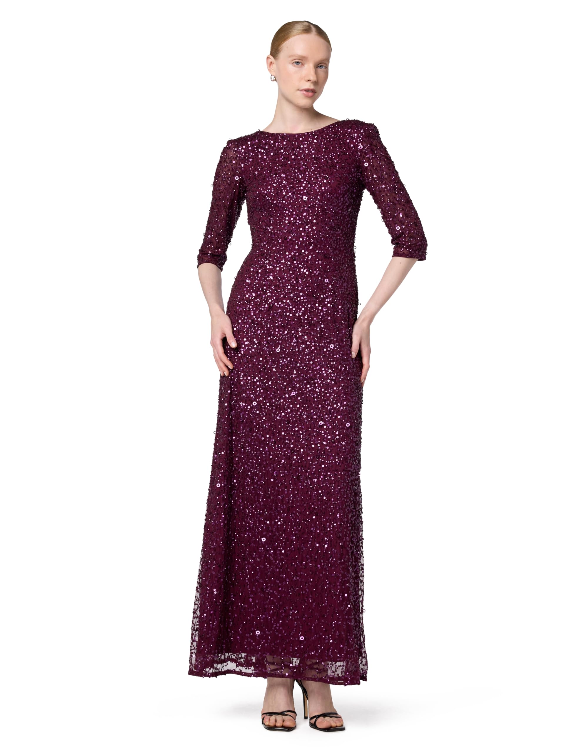 Adrianna Papell Women's 3/4 Sleeve Beaded Mermaid Gown, Cabernet, 2