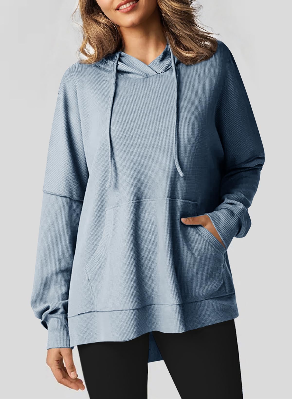 Dokotoo Womens Oversized Hoodie Casual Loose Fall Long Sleeve Sweatshirt Fall Outfits for Women 2025 Trendy Waffle Knit Side Slit Solid Color Hoodies with Pocket Sky Blue Small