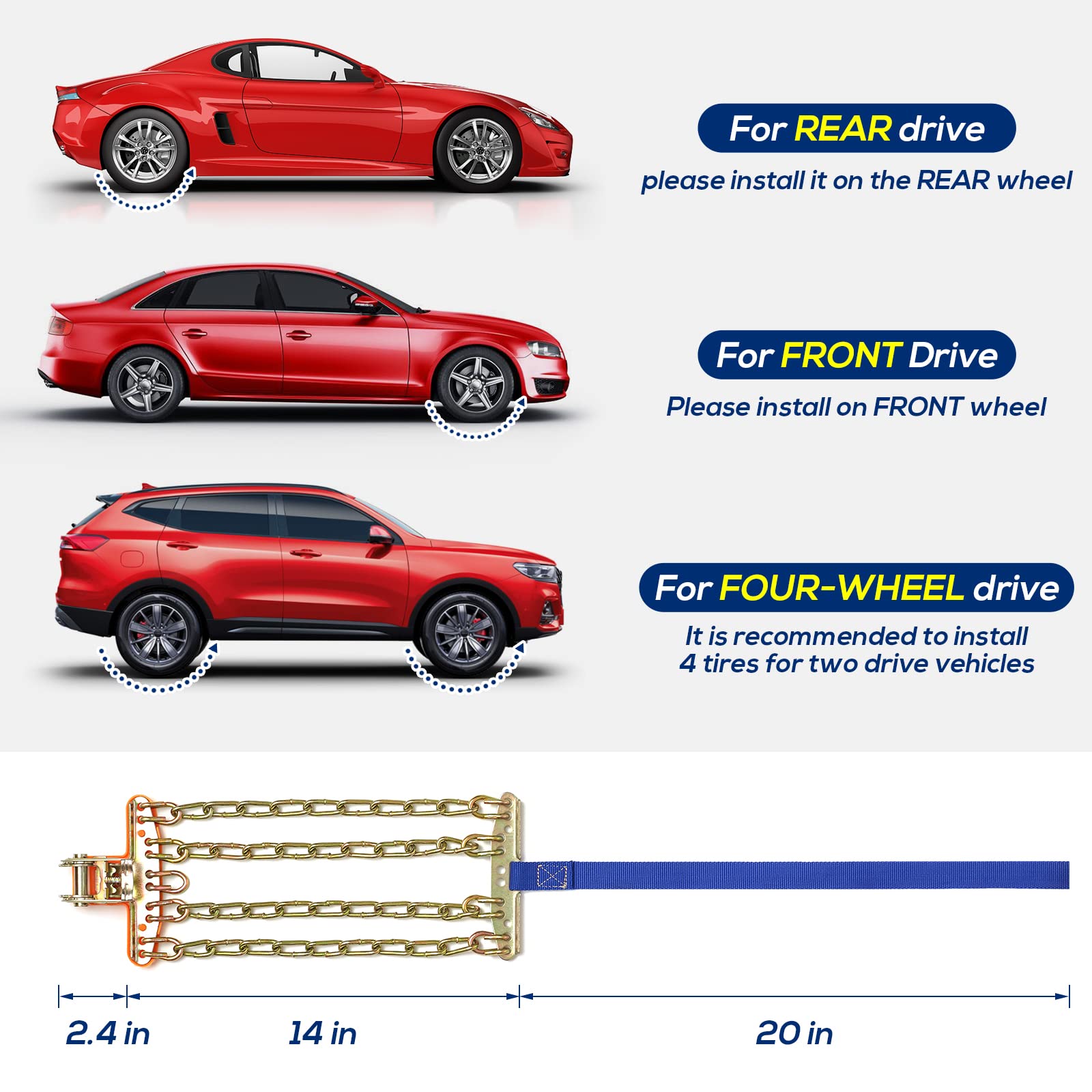 Snow Tire Chains for Car SUV Pickup Trucks, Universal Car Snow Chains, Snow Traction for Tires, Fit for Tire Width 195 205 215 220 225 235 240 245 255 265