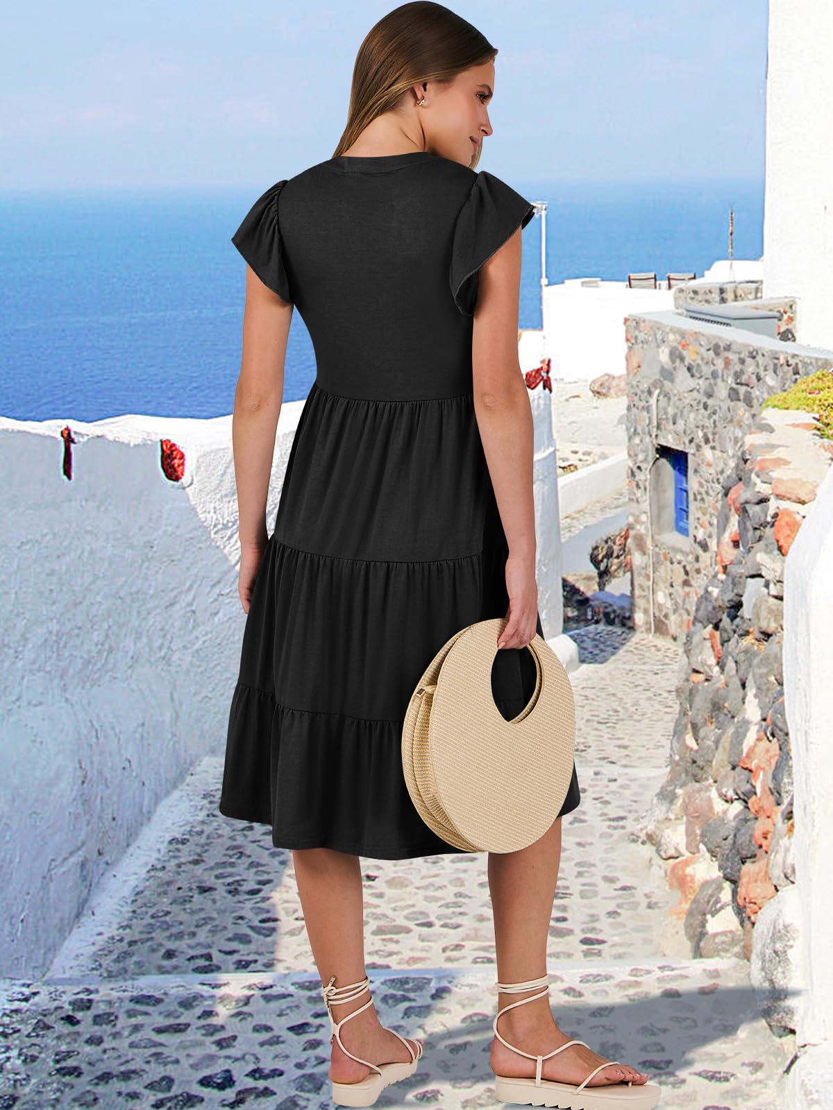 ANRABESS Womens Summer Dress Ruffle Sleeve V Neck Midi Dresses Fashion Casual Fit Flowy Tiered Boho Beach Vacation Sundress Black-XL