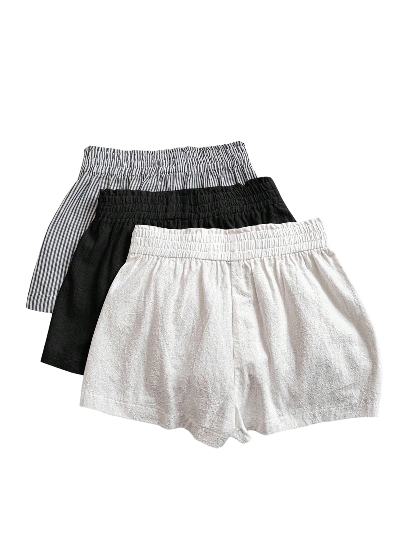 WDIRARA Women's 3 Pack Linen Shorts Elastic Waist Comfy Soft Lounge Shorts Black and White Large