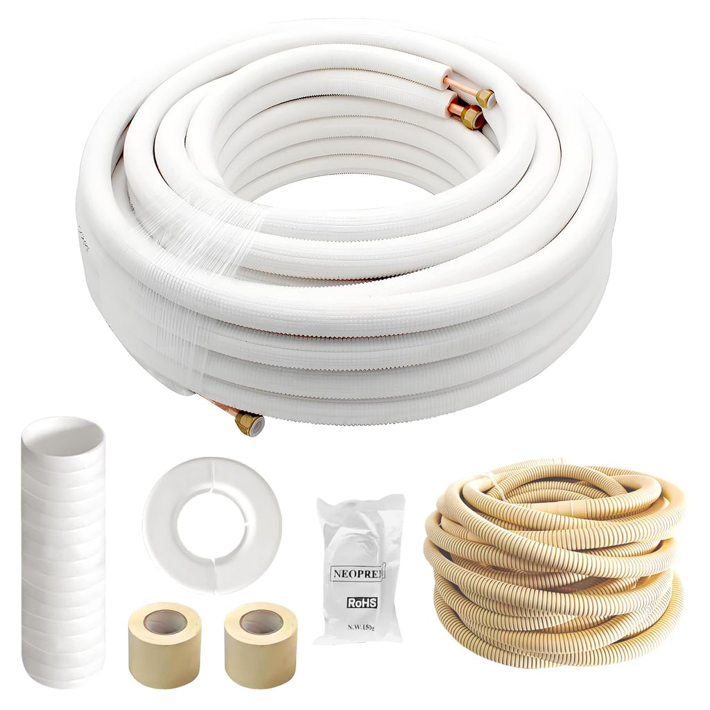 50 Ft Mini Split Line Set 1/4" & 1/2" OD Twin Copper Pipes 3/8 Thickened White PE Insulated Coil Copper Line with Flared Nuts for Mini Split Air Conditioner HVAC Refrigeration and Heating Pump System