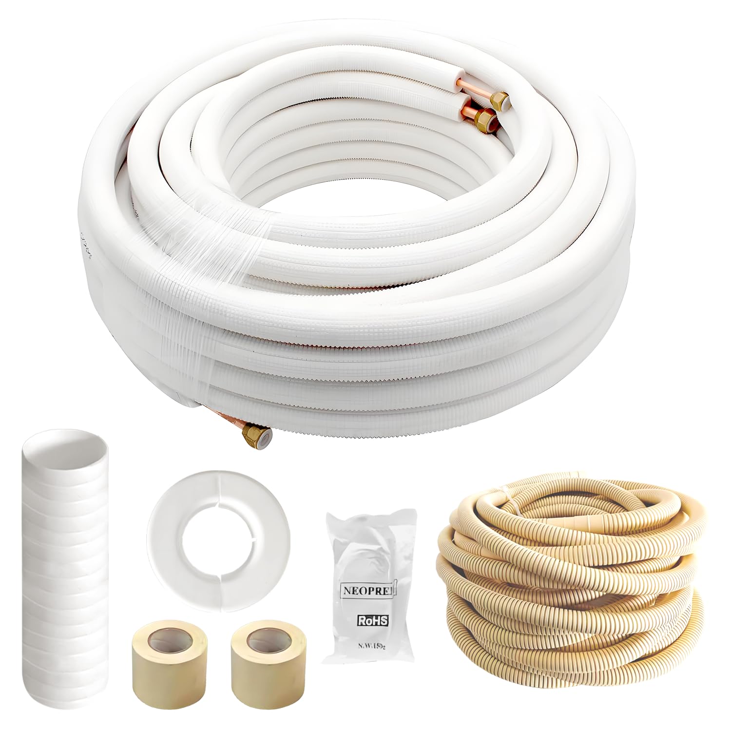 50 Ft Mini Split Line Set 1/4" & 1/2" OD Twin Copper Pipes 3/8 Thickened White PE Insulated Coil Copper Line with Flared Nuts for Mini Split Air Conditioner HVAC Refrigeration and Heating Pump System