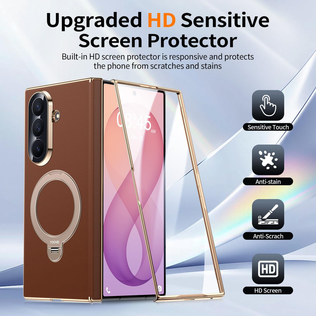 YOOVEI Magnetic for Samsung Galaxy Z Fold 8 Ultra Case Luxury Leather [Hinge Protection] Built-in [Screen Protector] [Fit for MagSafe] Zfold 8 Ultra Case with Kickstand & Ring Holder,Brown