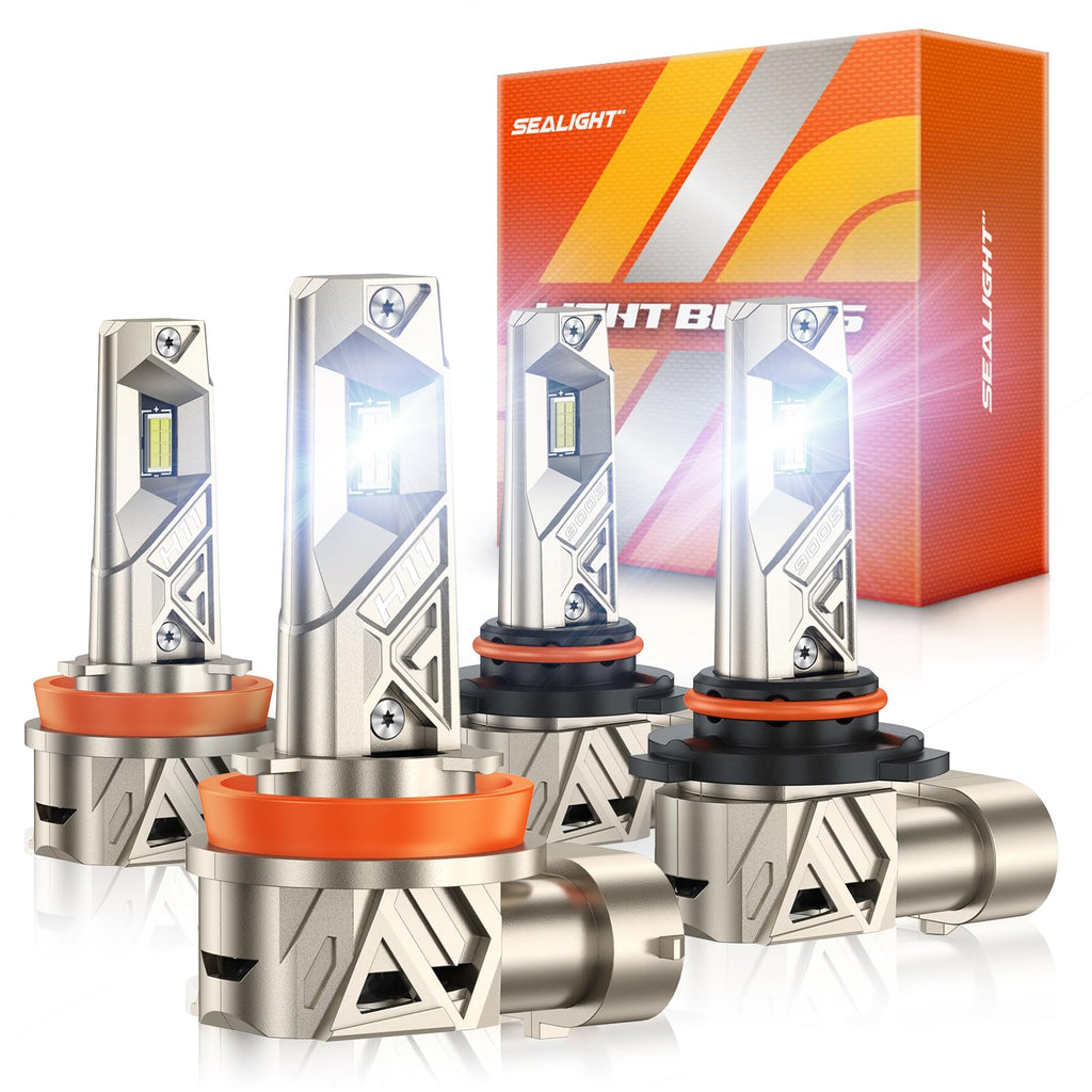 SEALIGHT 9005 H11 LED Bulbs Combo, 96,000LM Ultra-1000% Brighter 32PCS Lighting Chips, 6500K White HB3 H8 Combo, Long Lifespan 80,000hrs+, IP68 1:1 Size Plug N Play, Pack of 4