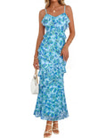 MEROKEETY Spring Summer Floral Wedding Guest Maxi Dress Womens 2026 Formal Bodycon Ruffle Spaghetti Strap Cocktail Long Dress, Blue, Large