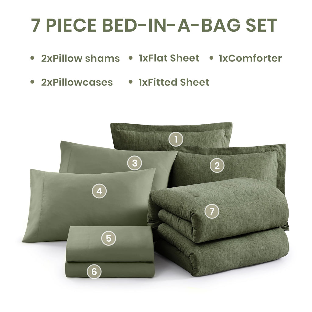 Monbix King Size Comforter Set, Olive Green King Bed Set Reversible, King Size Comforter Set 7 Pieces, Cationic Dyeing Bed in a Bag with Comforter, Sheets, Pillowcases & Shams