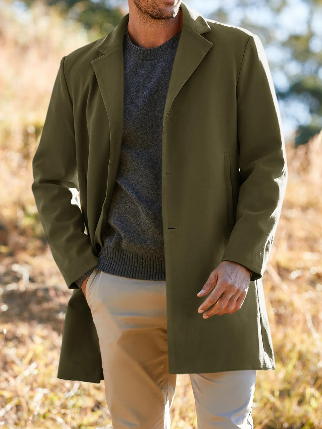 PASLTER Mens Trench Coat Slim Fit Notched Collar Fall Winter Single Breasted Pea Coat Warm Soft Overcoat
