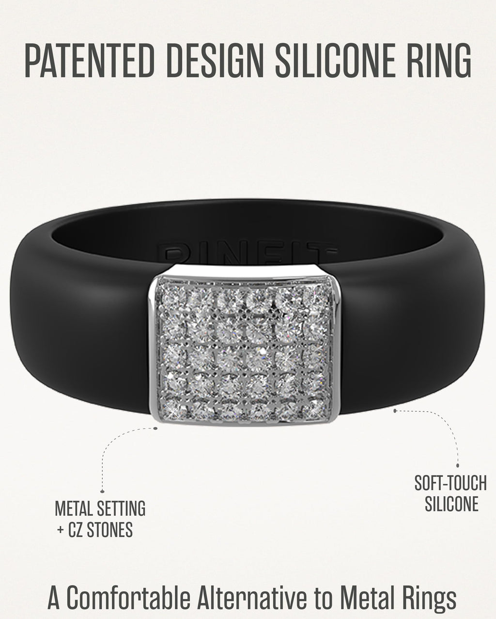 Rinfit Womens Silicone Wedding Ring - Engagement Ring for Women - Promise Rings for Her with Cubic Zirconia - Black & Silver, Size 7