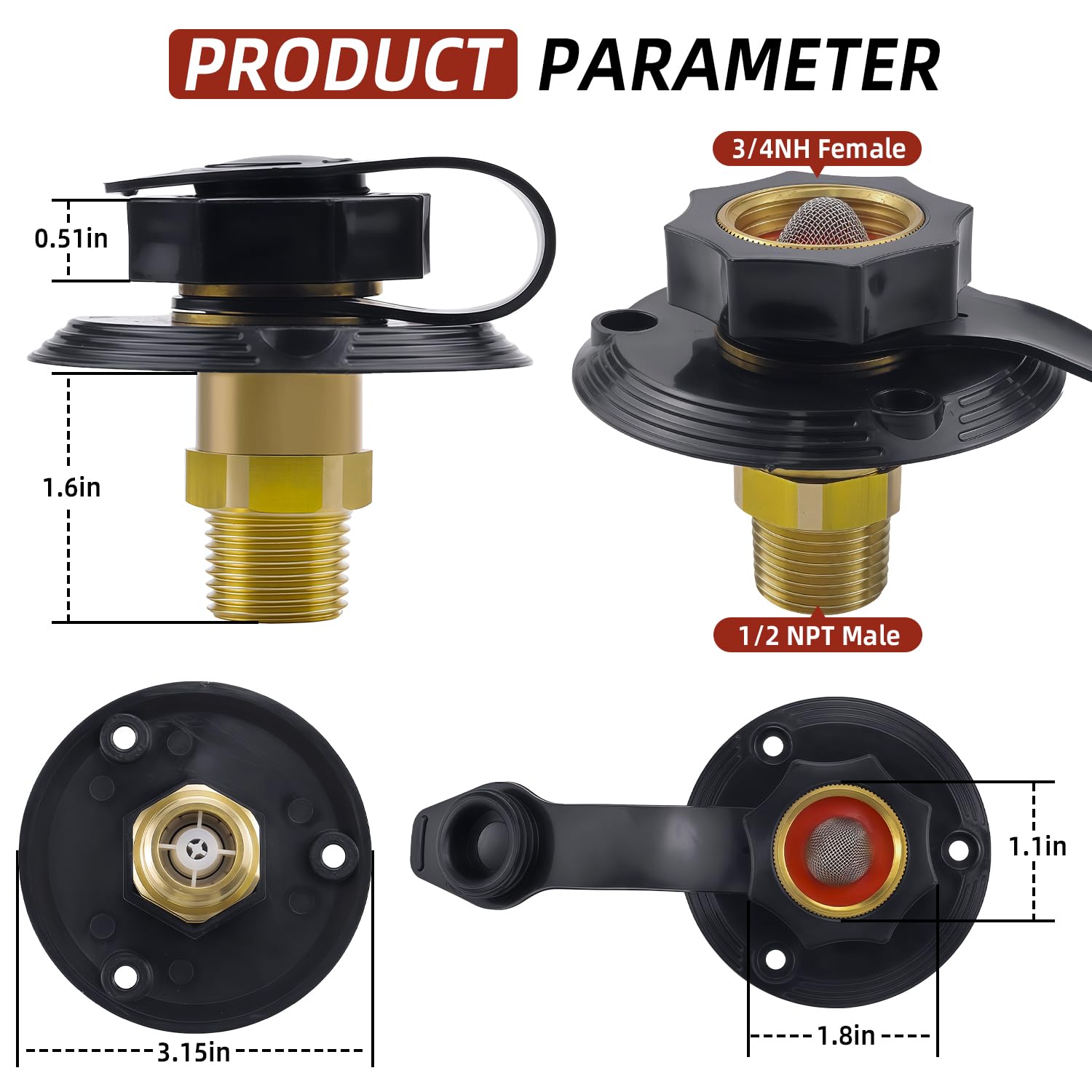 Mejiao RV City Water Inlet, 3/4" NH to 1/2" NPT Brass Water Fill Flange with Check Valve, RV Marine City Water Hookup for Camper and Trailer