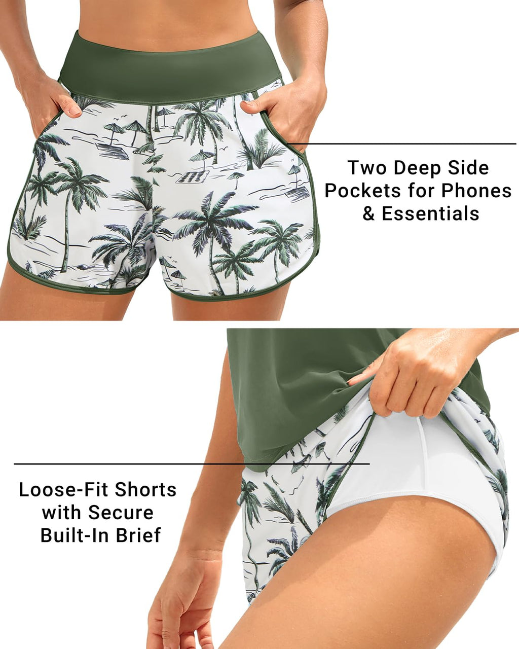 Daci Green Palm Tree Women 3 Piece Tankini Swimsuits - Tummy Control Tank Top with Bra Modest Bathing Suit with Pockets Boyshorts Bottom 2026 L