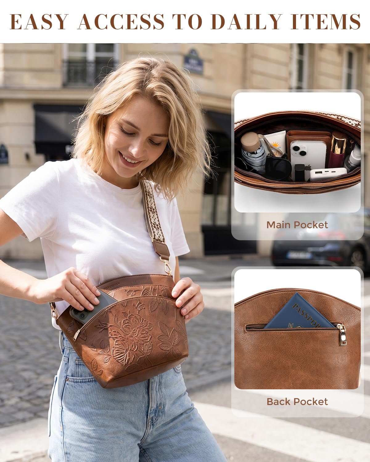FORUWISH Crossbody Bags For Women, Vegan Leather Crossbody Purses with Boho Strap, Daily Travel Brown Shoulder Handbag
