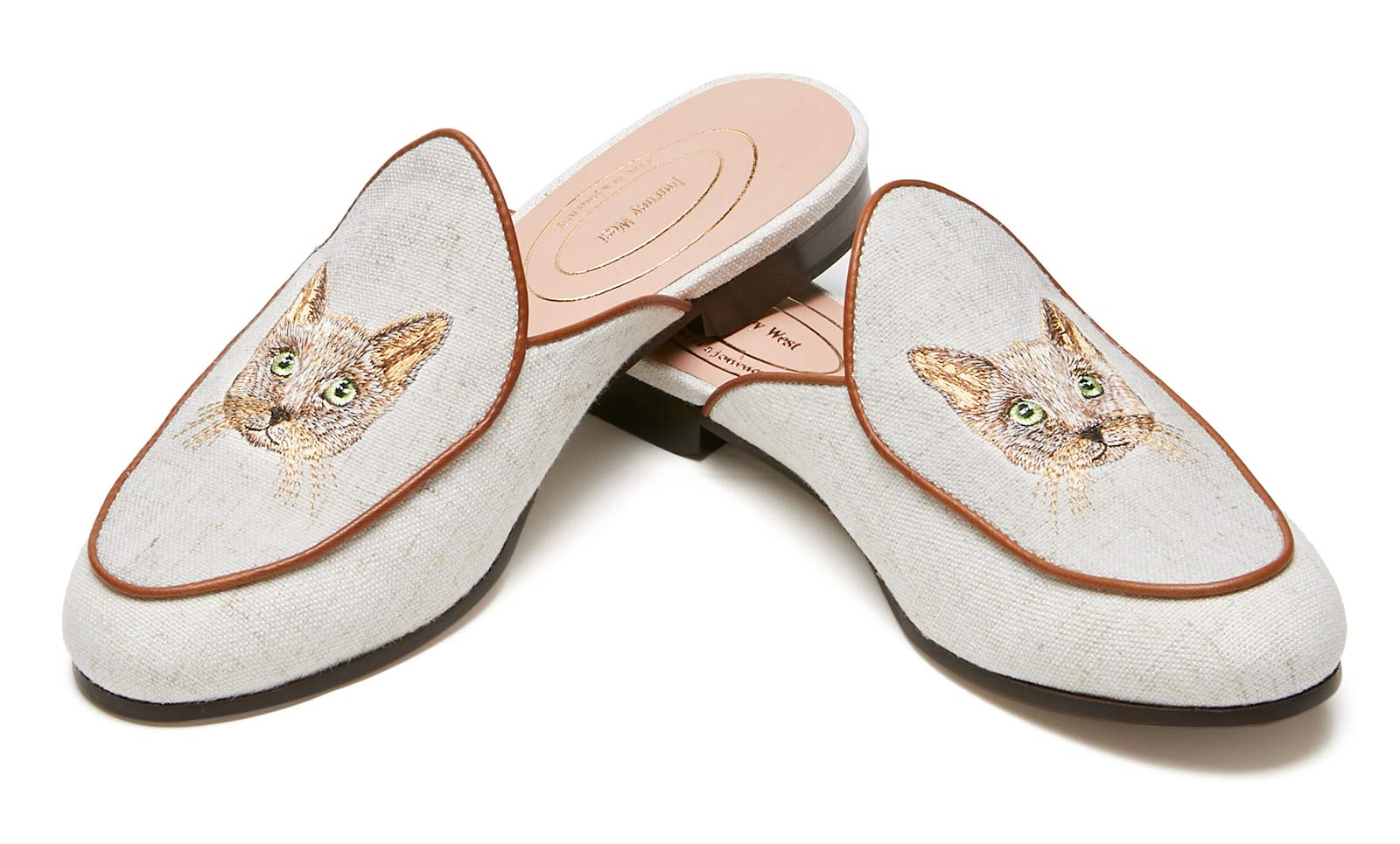 Journey West Women's Mules Flats with Embroidery Belgian Loafers Slip on Slippers for Women Cat White US 9.5