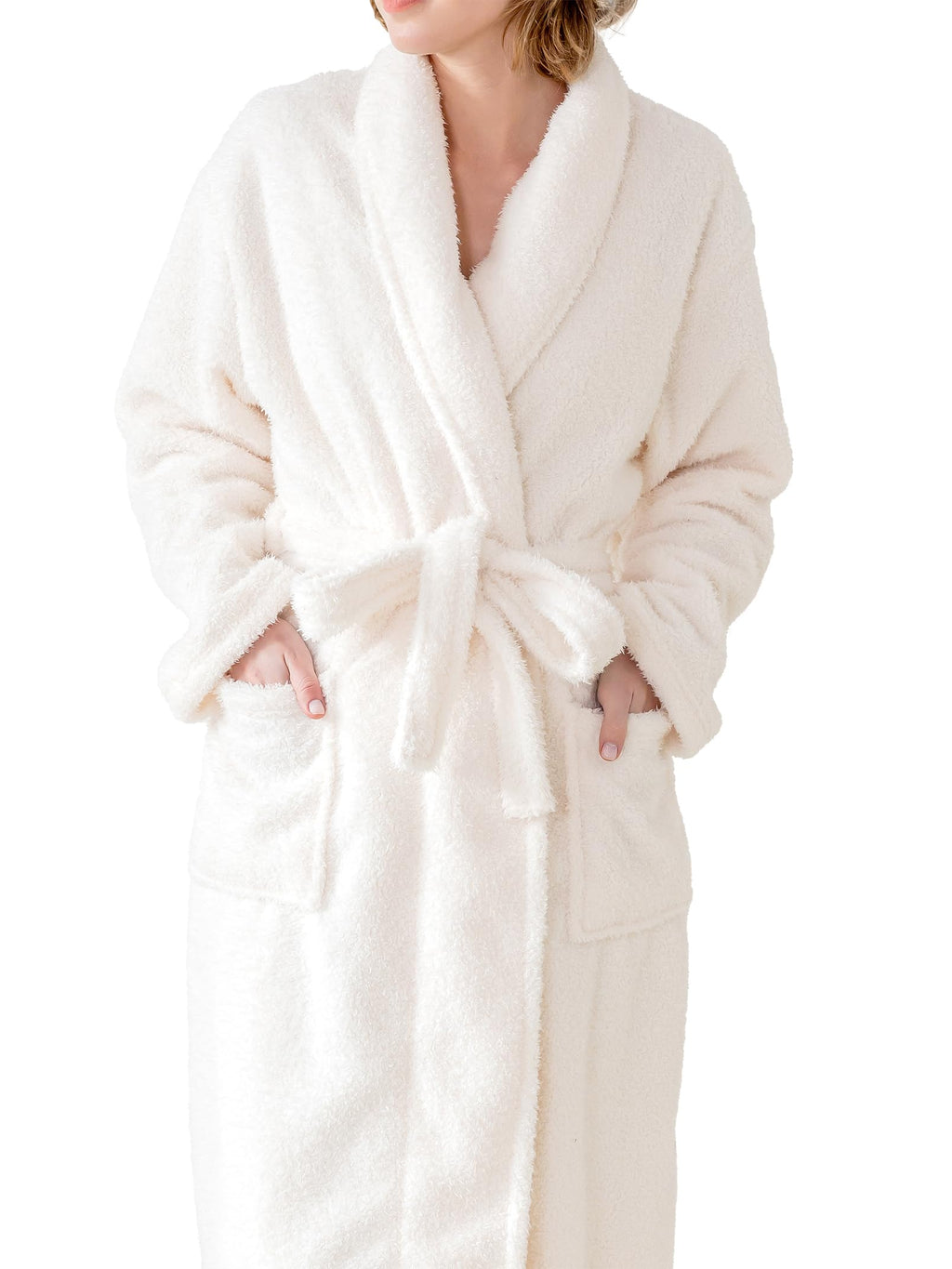KORBLISS Robes for Women – Premium Plush Fleece Long Bathrobe for Women with Shawl Collar, Soft Warm Womens Robe with Pockets and Belt, White, Large
